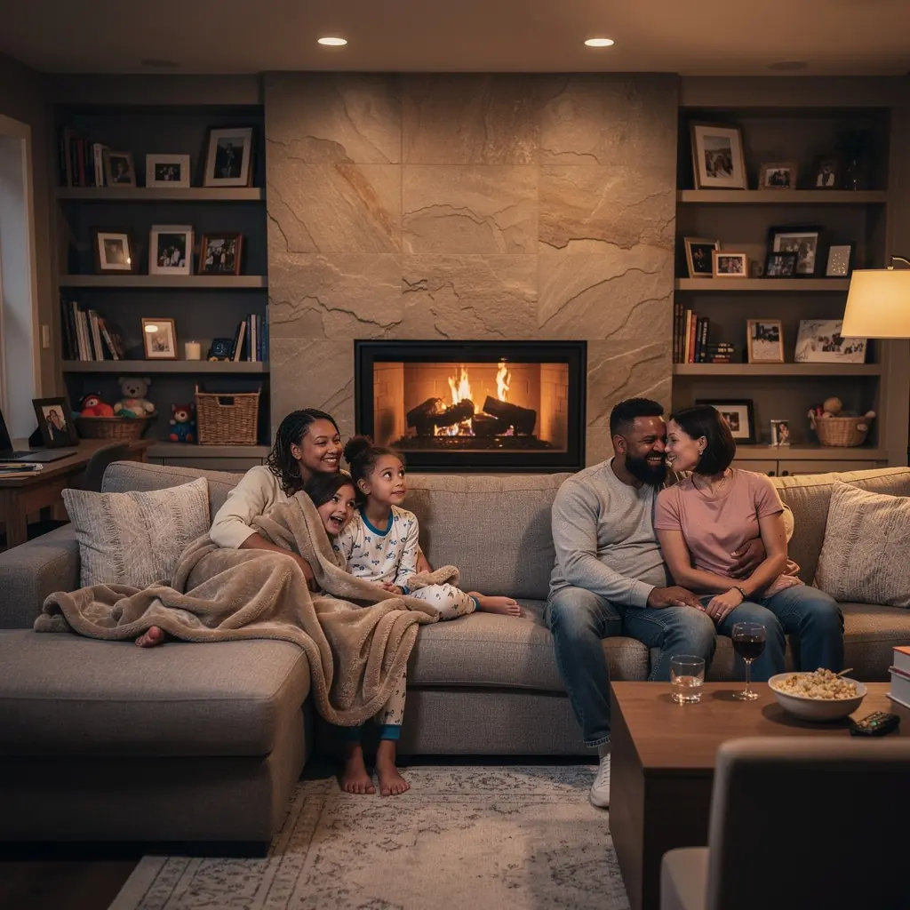 Einladender Essbereich mit Holzdetails und sanfter Beleuchtung.