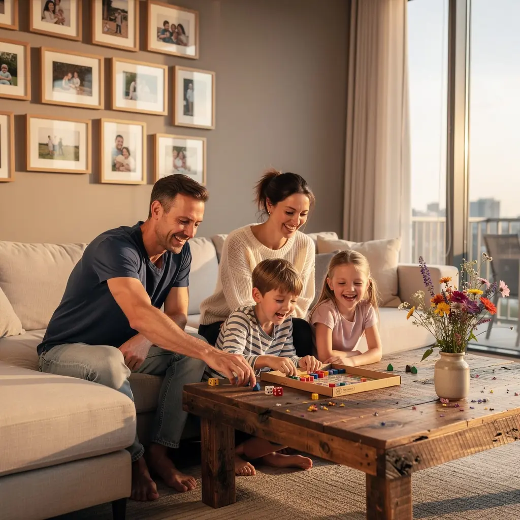 Schlafzimmer mit beruhigenden Farben und weichen Textilien für Familien.